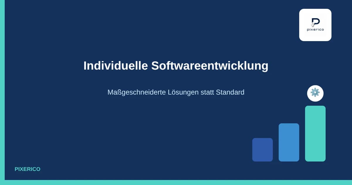 Individuelle Softwareentwicklung: Zahnrad-Icon mit ansteigenden Balken auf pixerico-Blau