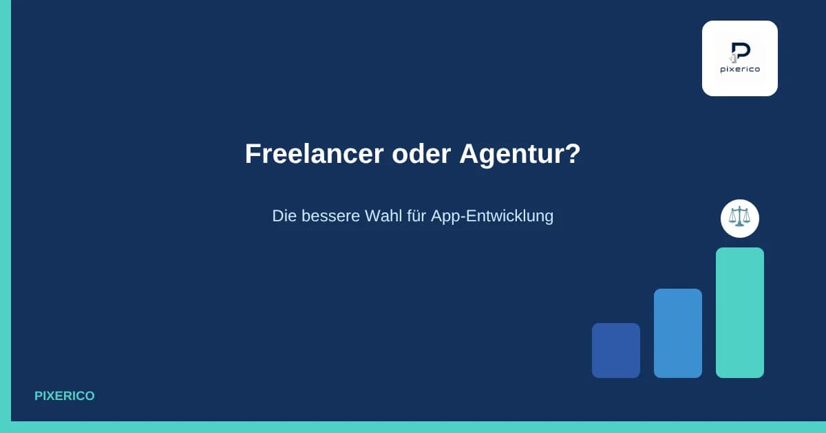 Freelancer vs. Agentur für App-Entwicklung: Waage-Icon mit ansteigenden Balken auf pixerico-Blau
