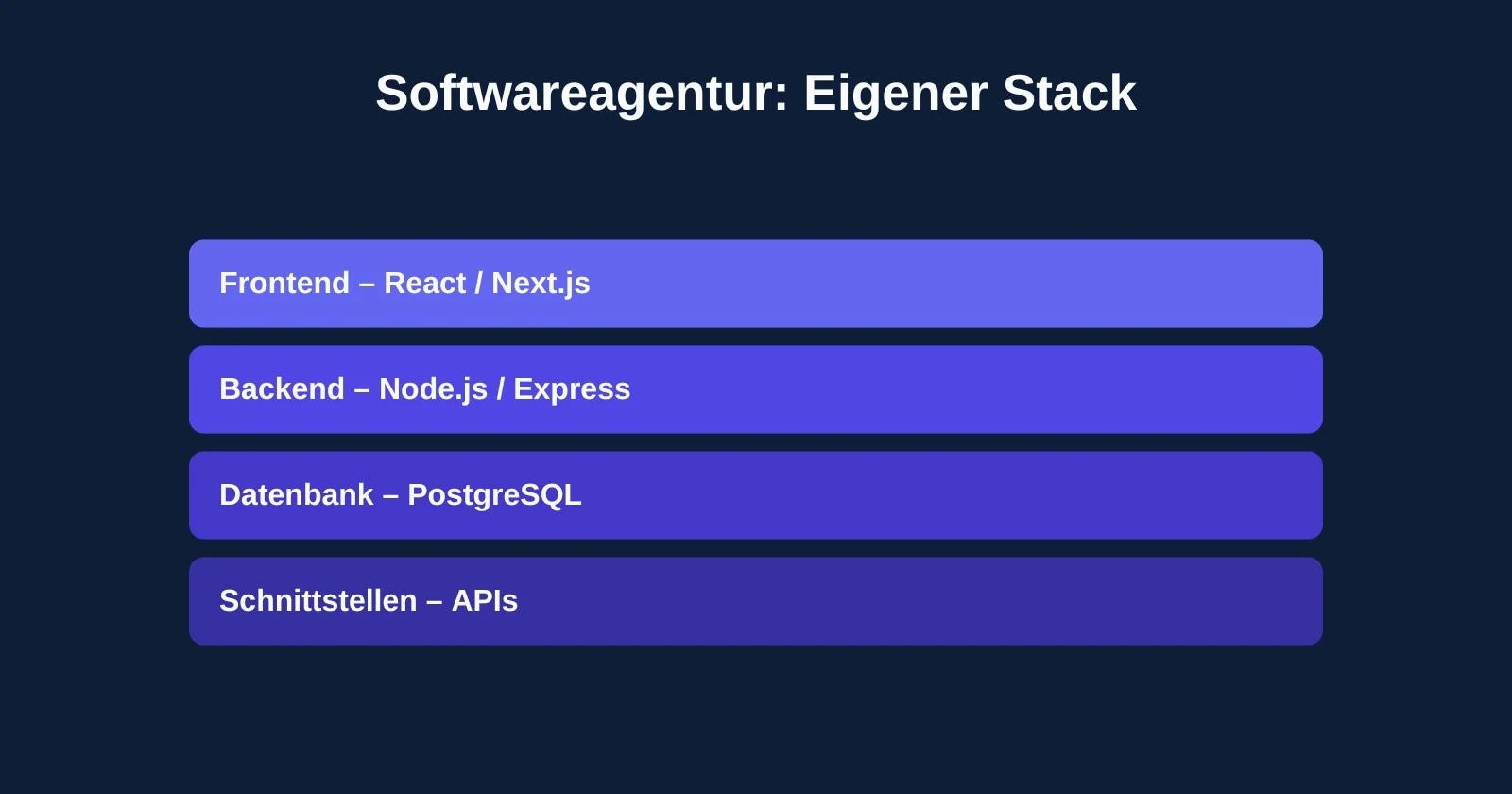 Schematischer Software-Stack einer Individualentwicklung: Frontend, Backend, Datenbank und Schnittstellen